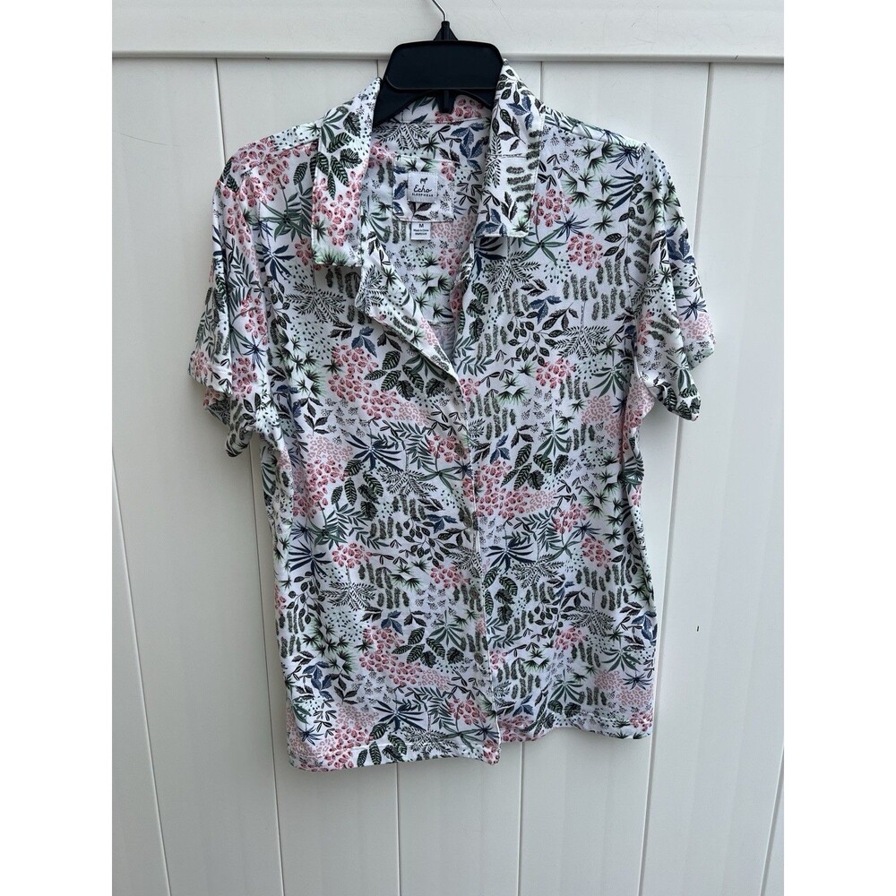 Echo Sleepwear Women Pajama Top White Floral Button-Up Short Sleeve Size M